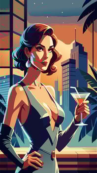 A woman in a beautiful dress gracefully holds a martini glass vector