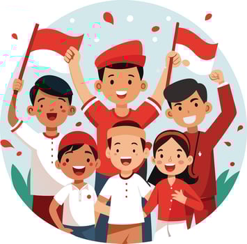 girl and boy hold indonesian flag celebrating their country's independence vector
