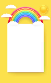 A 3D paper mockup with a rainbow, yellow background, sun and cartoon clouds. Design template for posters or documents, featuring blank space for customization. Ideal for business, kids. Not AI. vector