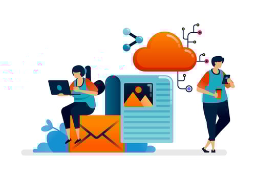 Business illustration of accessing the network cloud for data sharing and email communication. Can be used for web, websites, landing pages, apps, posters, flyers vector