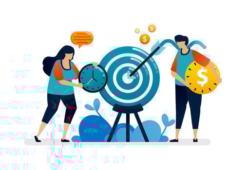 Business illustration of time and costs for achieve desired target metaphor with dartboard and arrows. Can be used for banner of banking, financial firm, office, investment institution vector