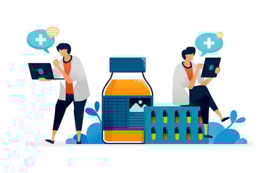 Medical illustration of doctors coordinate and discuss to determine drug prescriptions for patients. Can be used for covers, banners, ads flyers, posters for hospitals and clinics vector