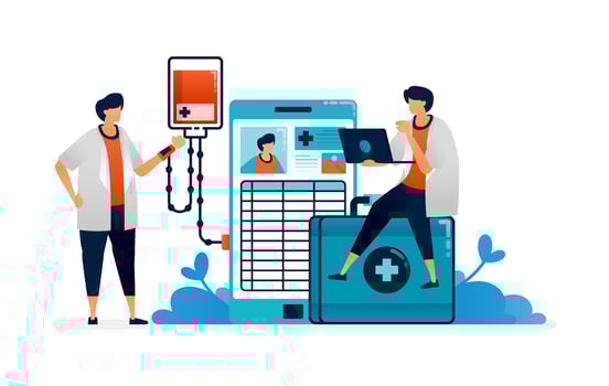 Medical illustration of doctor checks the patient's health history with a health application. Can be used as homepage banner ads for healthcare facilities, posters, brochures vector