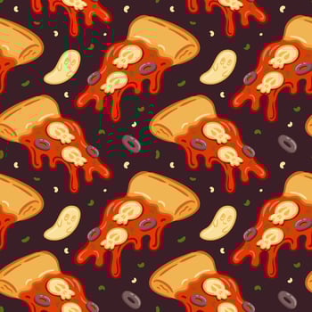Seamless pattern of cute Margherita pizza slice with scary Halloween decoration. Cheese ghosts and mozzarella skull. Colorful fantasy food illustration. For cafe, fabric, packaging, background. vector