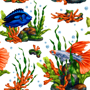 Seamless pattern with bright tropical colorful fish, algae, corals and bubbles. Marine underwater life, travel, diving, exotic places. Illustrations for textiles, banners, wrapping paper, wallpaper png