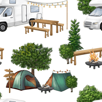 Seamless pattern with campground, wooden picnic table, white motorhome and campfire in forest among fir trees. A tourist trip to nature, parks and nature reserves. Isolated illustration png