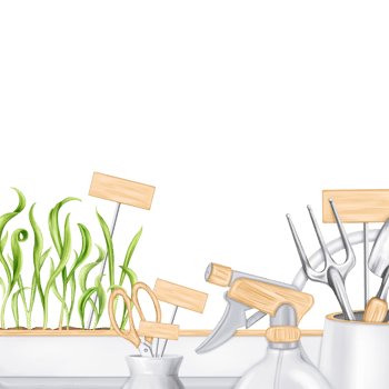 A border of tools a rake, a shovel, a sprayer, seeds, boxes of greens. Equipment for gardens, greenhouses and florists. Agriculture, cultivation of plants and flowers. Digital isolated illustration png