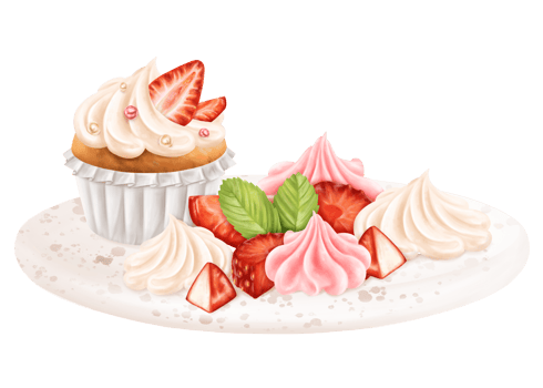 A composition of cupcake, strawberry slices, marshmallows, meringue on dessert serving platter. Berry confectionery sweets. Festive food for parties, table decoration. Digital isolated illustration png