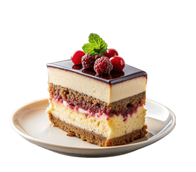 Delicious layered cake with berries and mint on a white plate png