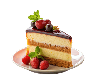 Delicious layered cake slice with berries on white plate png