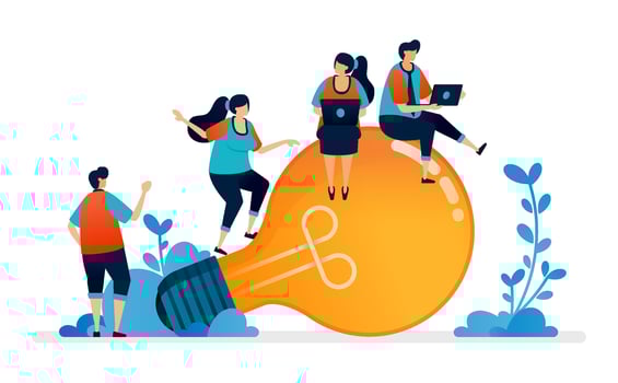 illustration of discussions to get ideas and inspiration in solving light blub problems vector