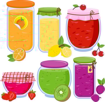 Collection of glass jars filled with homemade fruit jam. Strawberry, orange, lemon, plum, kiwi fruit and cherry sweet marmalade. Homemade jelly dessert in jar. vector