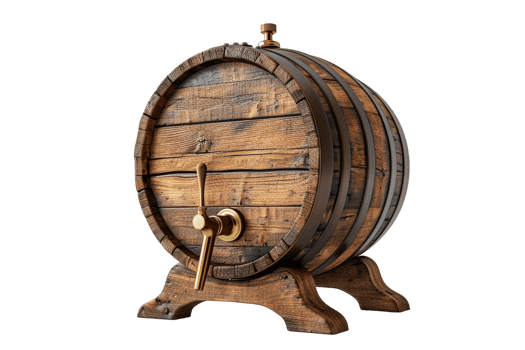 Isolated wooden beer barrel with faucet against transparent background png