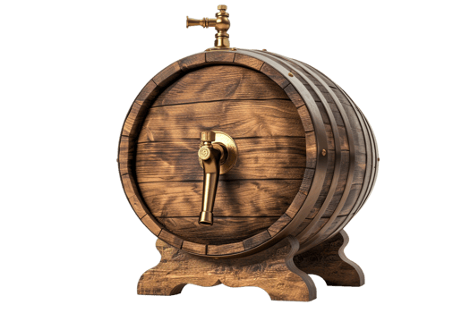 Isolated wooden beer barrel with faucet against transparent background png