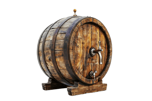 Isolated wooden beer barrel with faucet against transparent background png