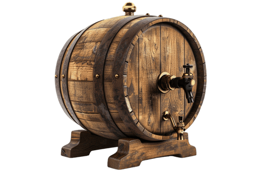 Isolated wooden beer barrel with faucet against transparent background png