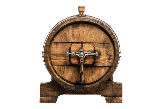 Isolated wooden beer barrel with faucet against transparent background png