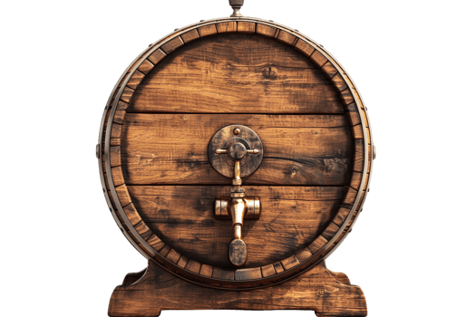 Isolated wooden beer barrel with faucet against transparent background png
