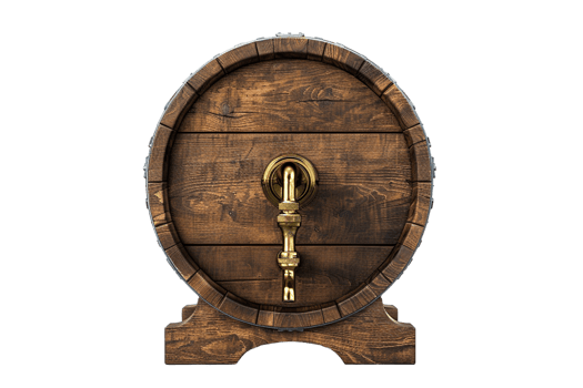 Isolated wooden beer barrel with faucet against transparent background png