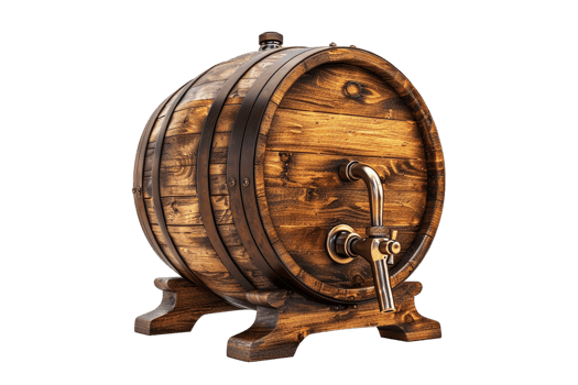Isolated wooden beer barrel with faucet against transparent background png