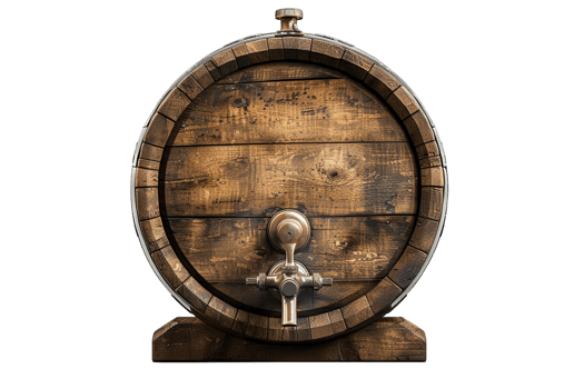 Isolated wooden beer barrel with faucet against transparent background png