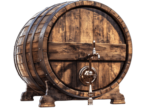 Isolated wooden beer barrel with faucet against transparent background png