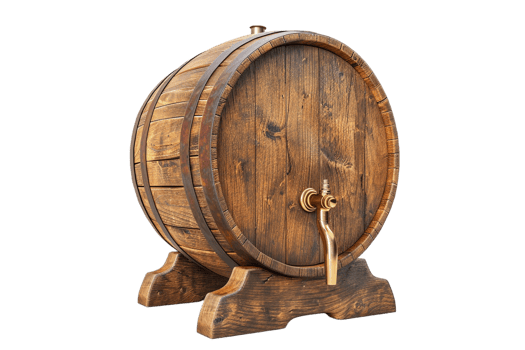 Isolated wooden beer barrel with faucet against transparent background png