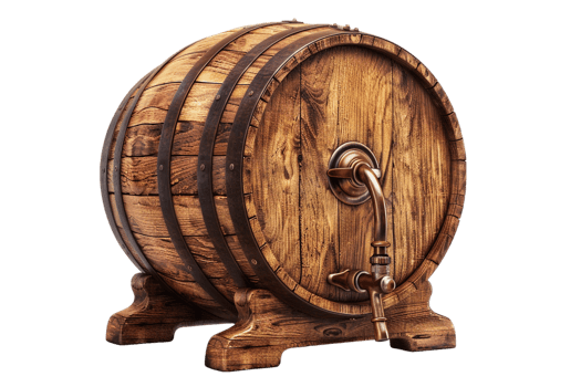 Isolated wooden beer barrel with faucet against transparent background png