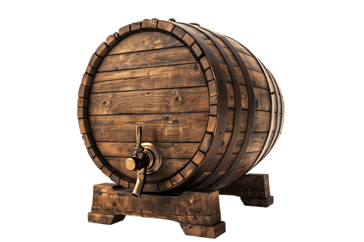 Isolated wooden beer barrel with faucet against transparent background png