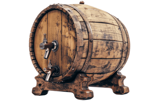 Isolated wooden beer barrel with faucet against transparent background png
