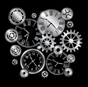 Silver metal clocks and gears and mechanisms on black background vector