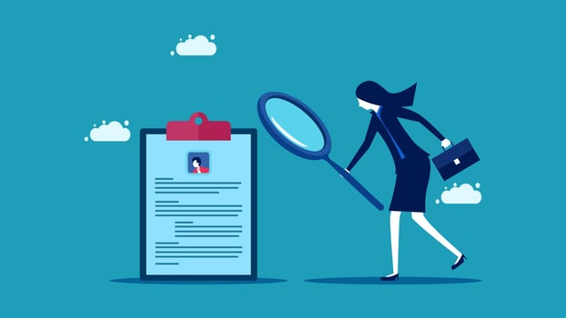 businesswoman with magnifying glass and clipboard vector