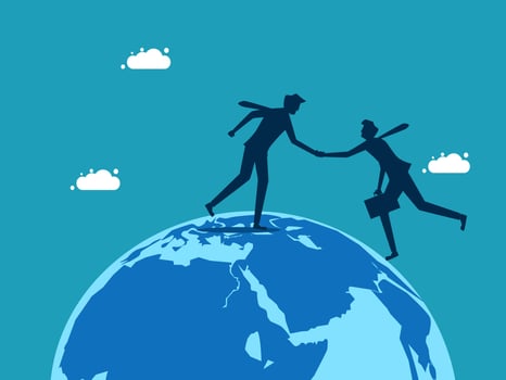 businessman and woman on the world map, business concept vector