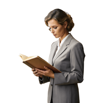 Woman in a suit reading a book, appearing thoughtful png