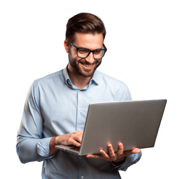 Man smiling while using a laptop, possibly working or studying png