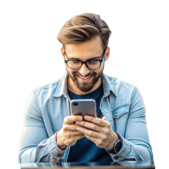 Man smiling while using a smartphone, possibly enjoying content or chatting png