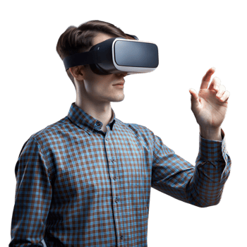 Man wearing a virtual reality headset, exploring a virtual environment png