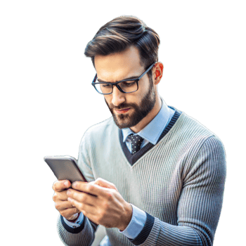 Man in glasses focused on smartphone, wearing a sweater png