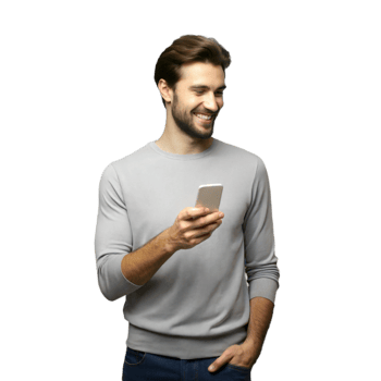 Man using smartphone, smiling and casually dressed png