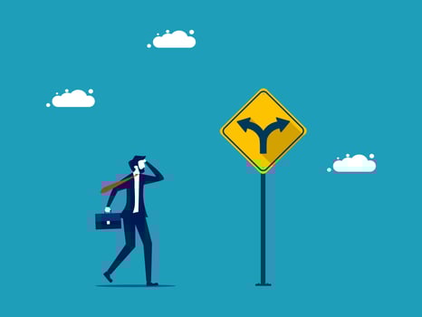 businessman walking on the road with a sign pointing to the right vector