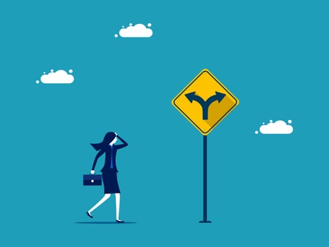 businesswoman walking in front of a road sign with arrows pointing in opposite directions vector