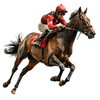 Jockey riding a running horse alone against transparent background png