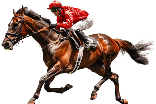 Jockey riding a running horse alone against transparent background png