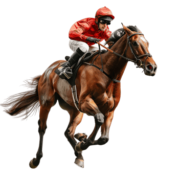 Jockey riding a running horse alone against transparent background png