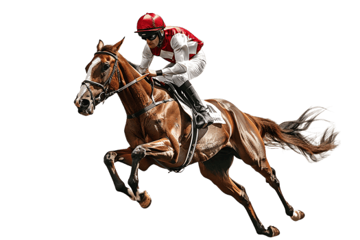 Jockey riding a running horse alone against transparent background png