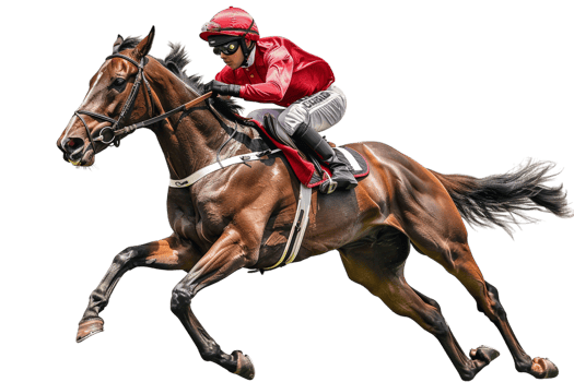 Jockey riding a running horse alone against transparent background png