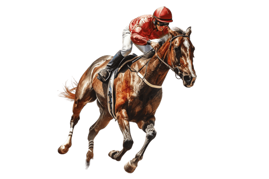 Jockey riding a running horse alone against transparent background png