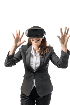 Happy businesswoman using VR headset alone against transparent background png