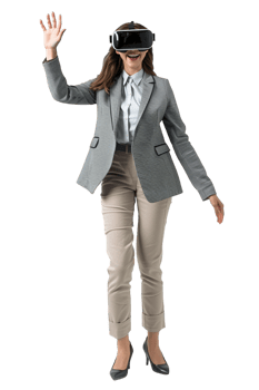 Happy businesswoman using VR headset alone against transparent background png