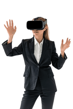 Happy businesswoman using VR headset alone against transparent background png